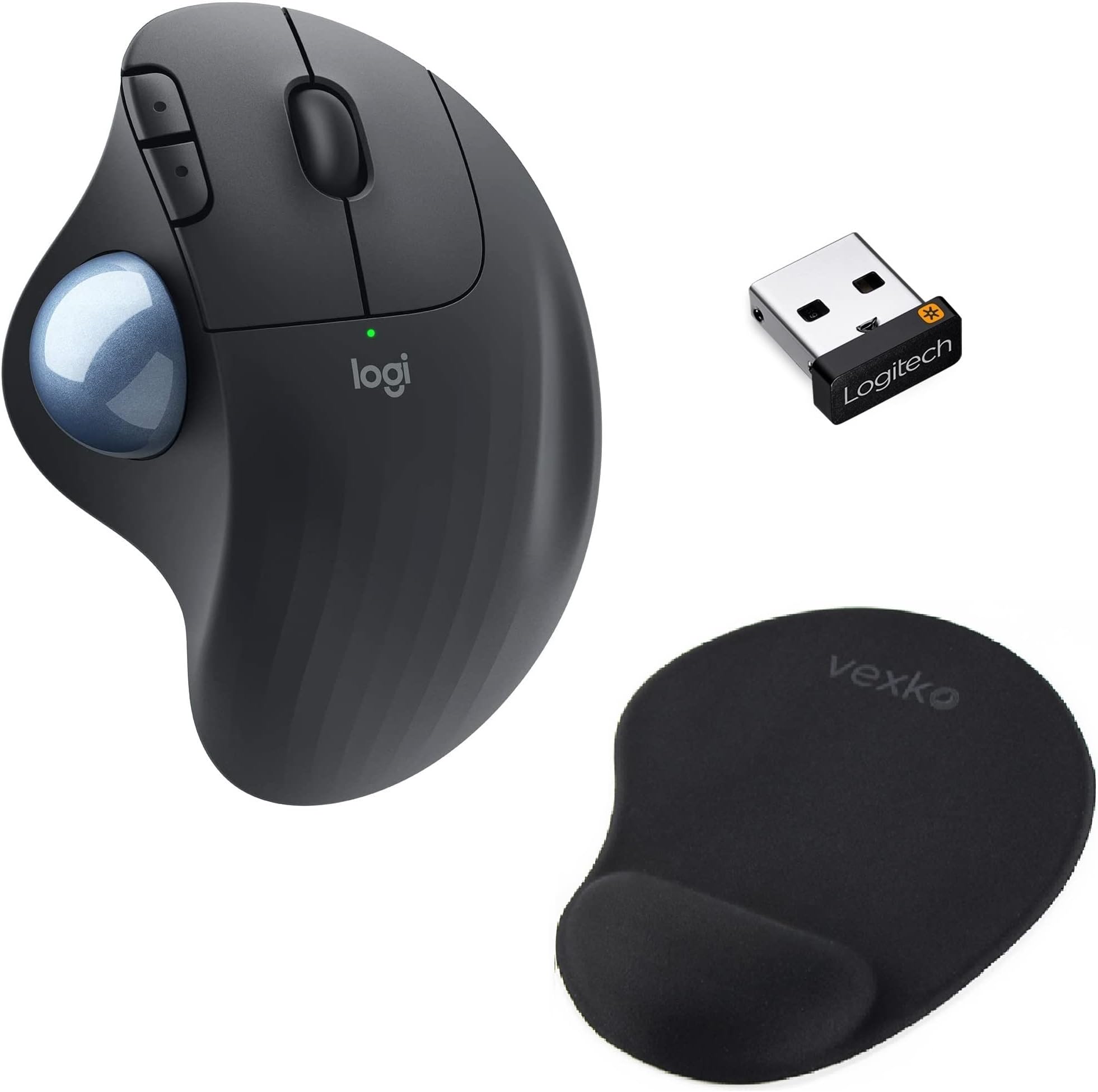 Bundle Logitech Ergo M575 Wireless Trackball Mouse (Graphite) Bluetooth, USB + Vexko Ergonomic Mouse Pad with Gel Wrist Rest (Black)