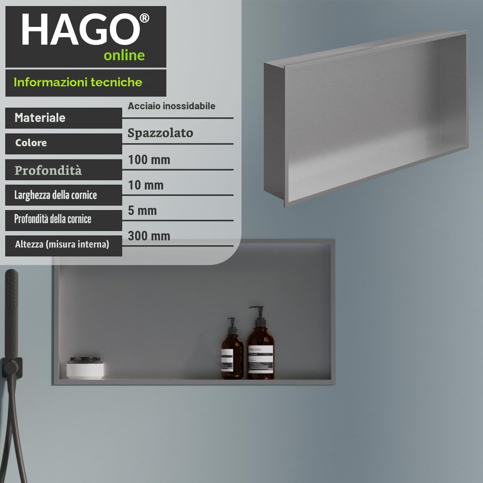 Cuccia per doccia in acciaio inox spazzolato 60x30 cm montaggio a incasso