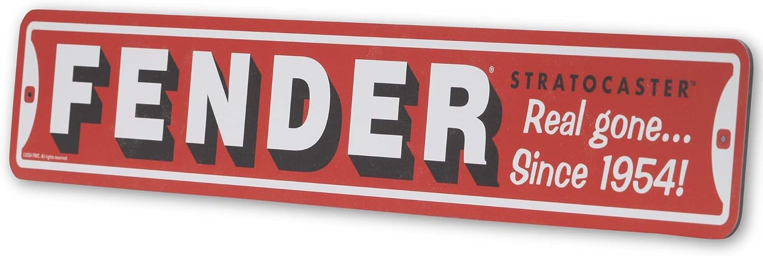 Fender Stratocaster Metal Street Sign - Large Fender Wall Decor for Music Room or Man Cave Red/Black