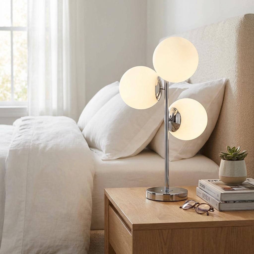 BARCELONA LED Lampa stołowa ROM z potrójną kulą z opalowego szkła Ø15 cm, nowoczesna konstrukcja kompatybilna z żarówkami E27, idealna do salonu, sypialni, biura, biurka i stylowego oświetlenia wnętrz