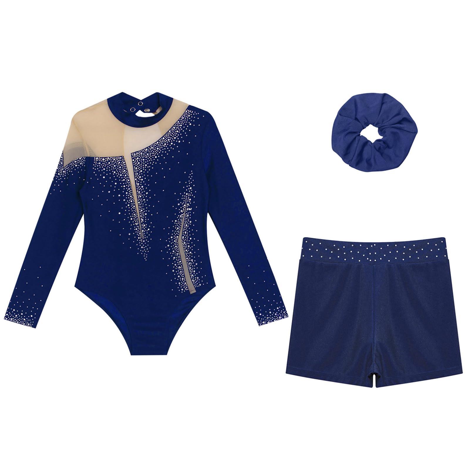 ranrann Enfant Fille Ensemble de Gymnastique Justaucorps Strass et Short avec Chouchou Tenue Patinage Artistique Danse