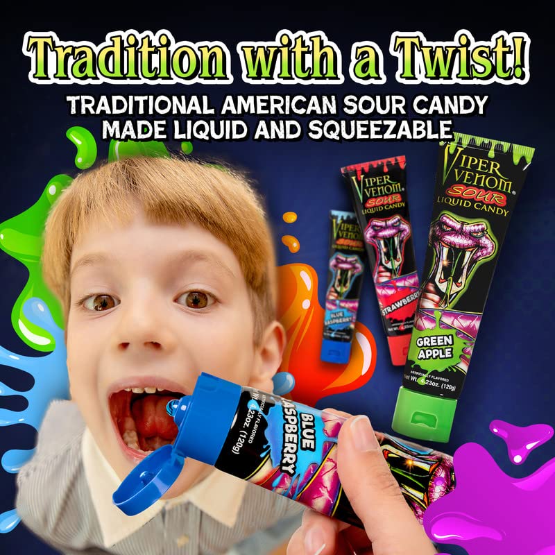 Miniatura 6 de Viper Venom - 12 tubos de caramelo líquido para apretar empaquetados individualmente incluye 3 sabores frambuesa azul fresa y manzana verde