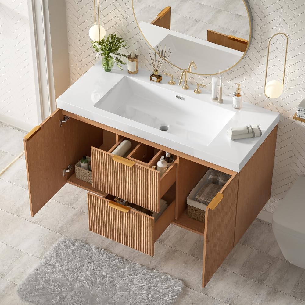 42 Inch Floating Bathroom Vanity with Thick SMC Countertop Single Sink, Wall Mounted Bathroom Vanities Wood Grain Vanity for Bathrooms with 2 Soft-Close Doors 2 Fluted Drawers, Easy Assembly (Wood)