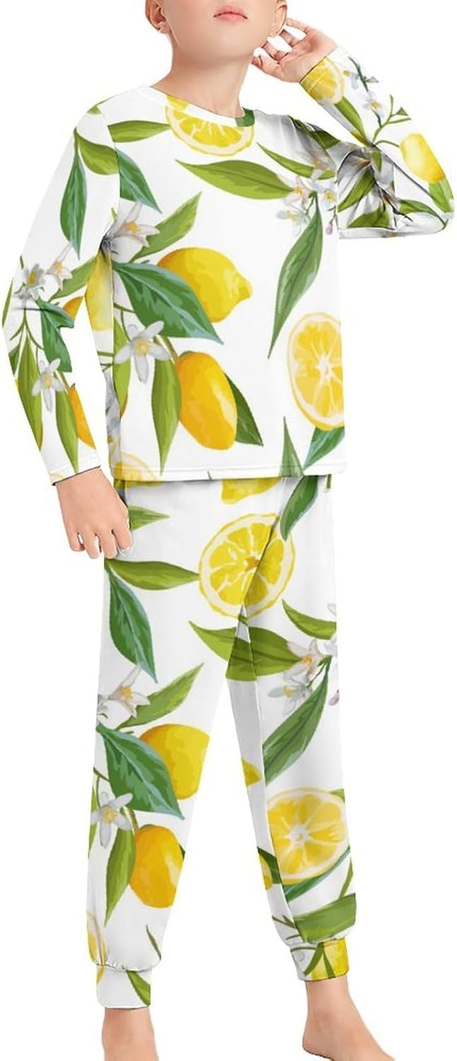 [mAnFcHiA] キッズ パジャマ 上下セット レモン 白い花 緑葉 夏 長袖 子供服 長袖パジャマ 肌に優しい 綿100% パ
