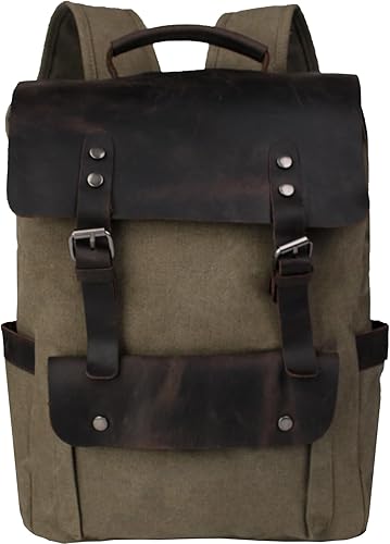 Mochila de lona vintage con cuero de vaca de grano superior, bolsa de trabajo para portátiles de 16 pulgadas, Verde militar, Mochilas de viaje