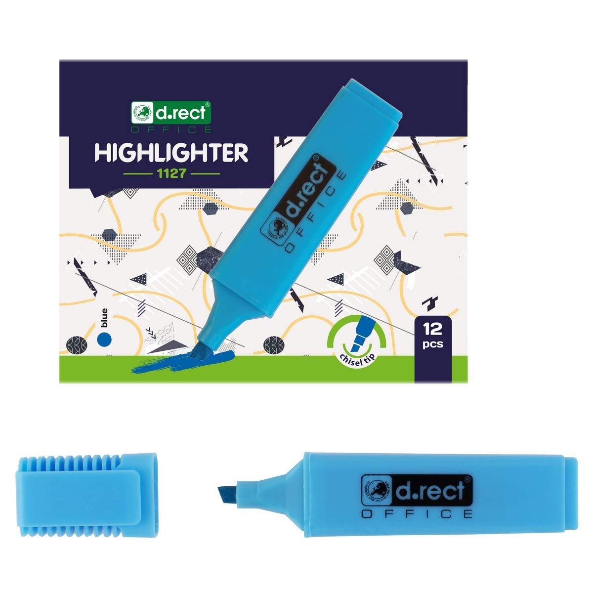D.RECT 1127 Highlighters with Chisel Tip Blue Pack of 12