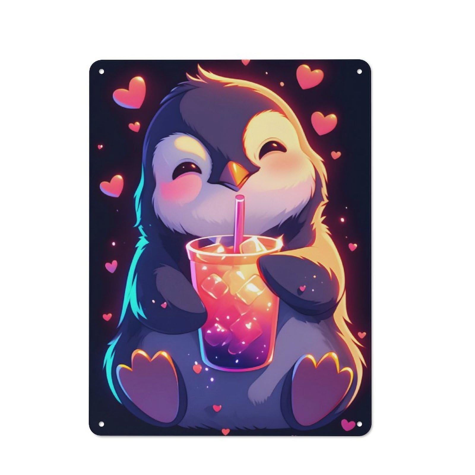 Tin Wall Plaque 40x30cm with Cute Penguin with Drink for Living Room Or Hallway, A Decorative Christmas Gift for Home Wall Decor Collectors