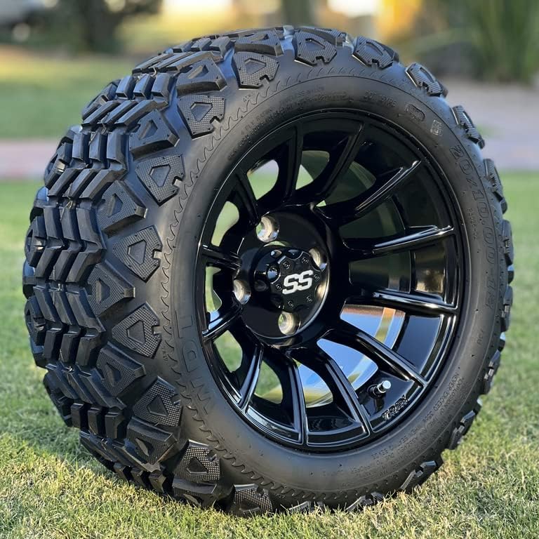 TREX 12" Titan Aluminum Golf Cart Wheels and 20x10-12" DOT All Terrain Tires - Set of 4 (20x10-12" All Terrain - Metric, 12" Titan Gloss Black)