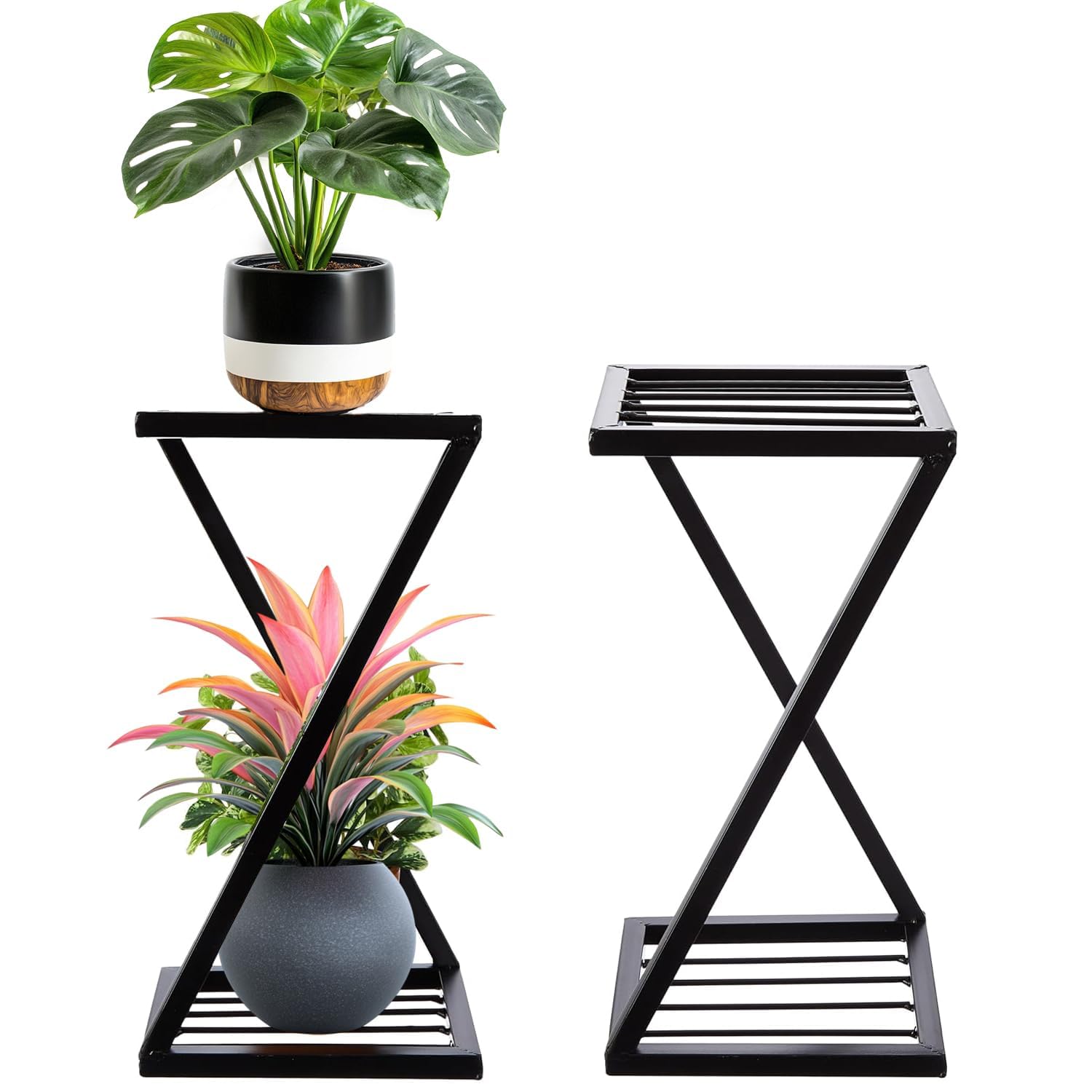 Pivalo Z Shape Plant Stand Anti-Rust Metal Flower Pot Holder Outdoor and Indoor 2 Tiers Planters Gamla Stands for Balcony & Living Room Home Decor (Pack of 2, Black)-image-35