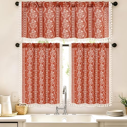 Image of Yinhua Boho Kitchen Curtains and Valances Set Vintage Linen Terracotta Cafe Curtains Light Filtering Rod Pocket Valance Burnt Orange Farmhouse Rustic Tassel Tier and Valance, 52 inchW X 18 inchL+26 inchW x 36 inchL