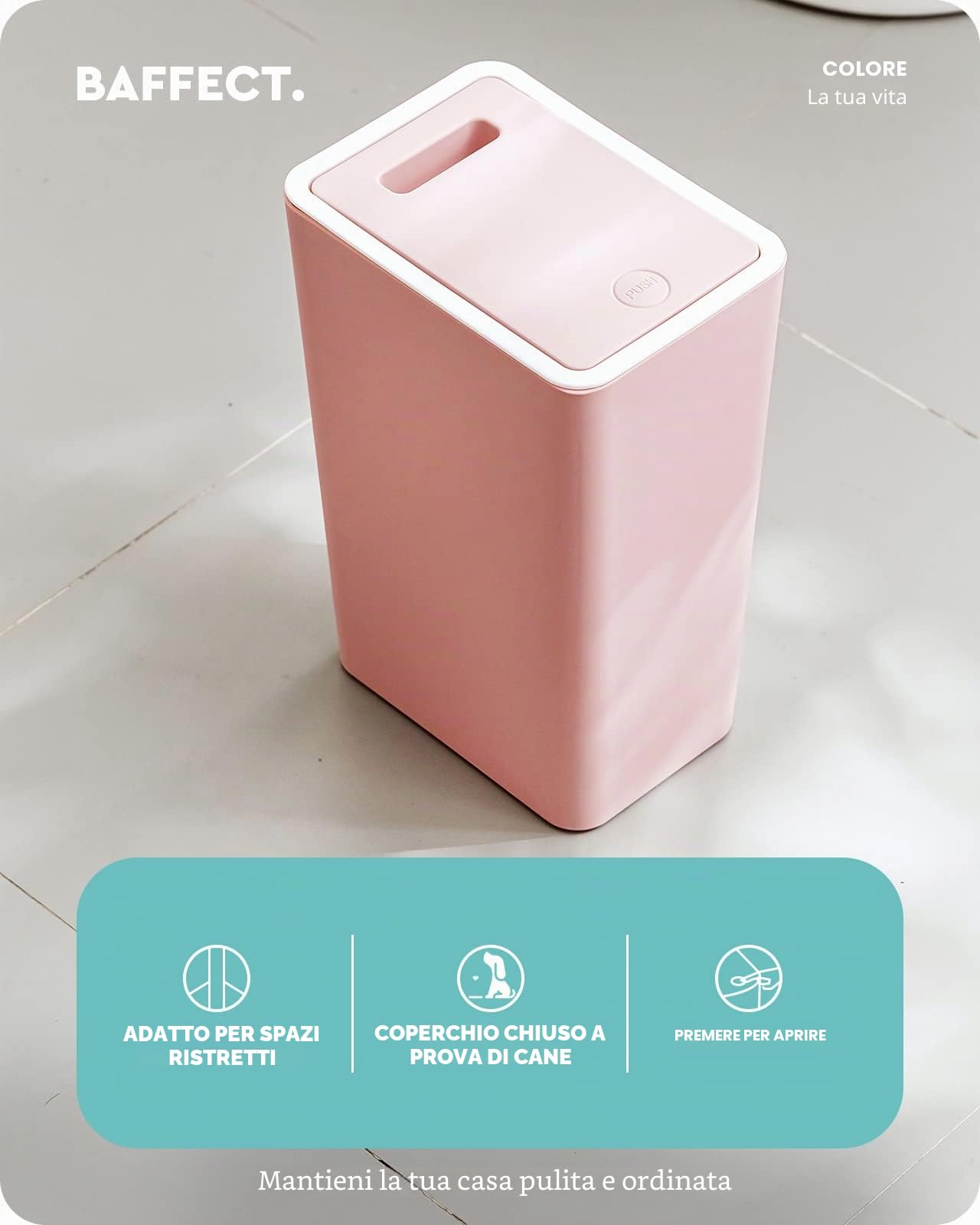 Baffect Spingere Top Coperchio Pattumiera Pattumiere Pattumiere, Pattumiera per Cucina Bagno 8L (Rosa)
