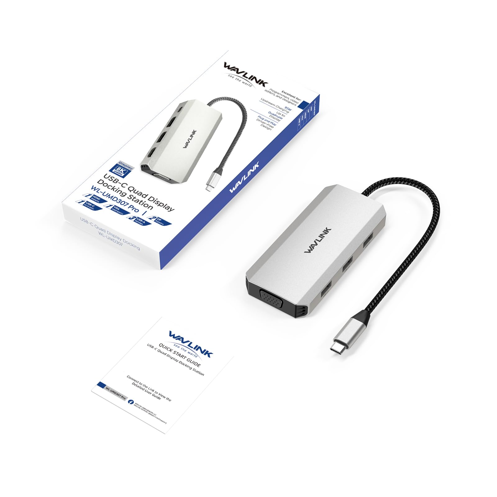 Docking station per laptop WAVLINK, docking station quad monitor con doppia porta DP, HDMI, VGA, ingresso PD da 100 W, 3 porte USB-A 2.0, compatibile con Dell/HP/Lenovo ecc., solo sistema Windows | Singolo 8K a 60Hz, 100W PD in, 3×USB-A per dispositivi wi