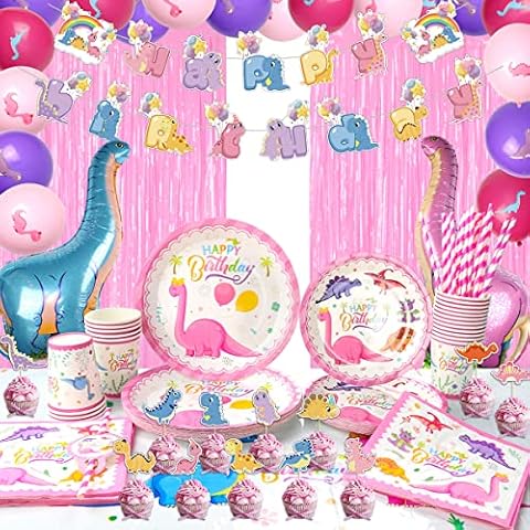 Ywediim Pink Dinosaur Birthday Party Decoration Tableware Set Supplies for Kids Dino Theme - Serves 20, Including Plates, Cups, Napkins, Straws, Banner, Tablecloth, Foil Curtains, Foil Balloons Cover