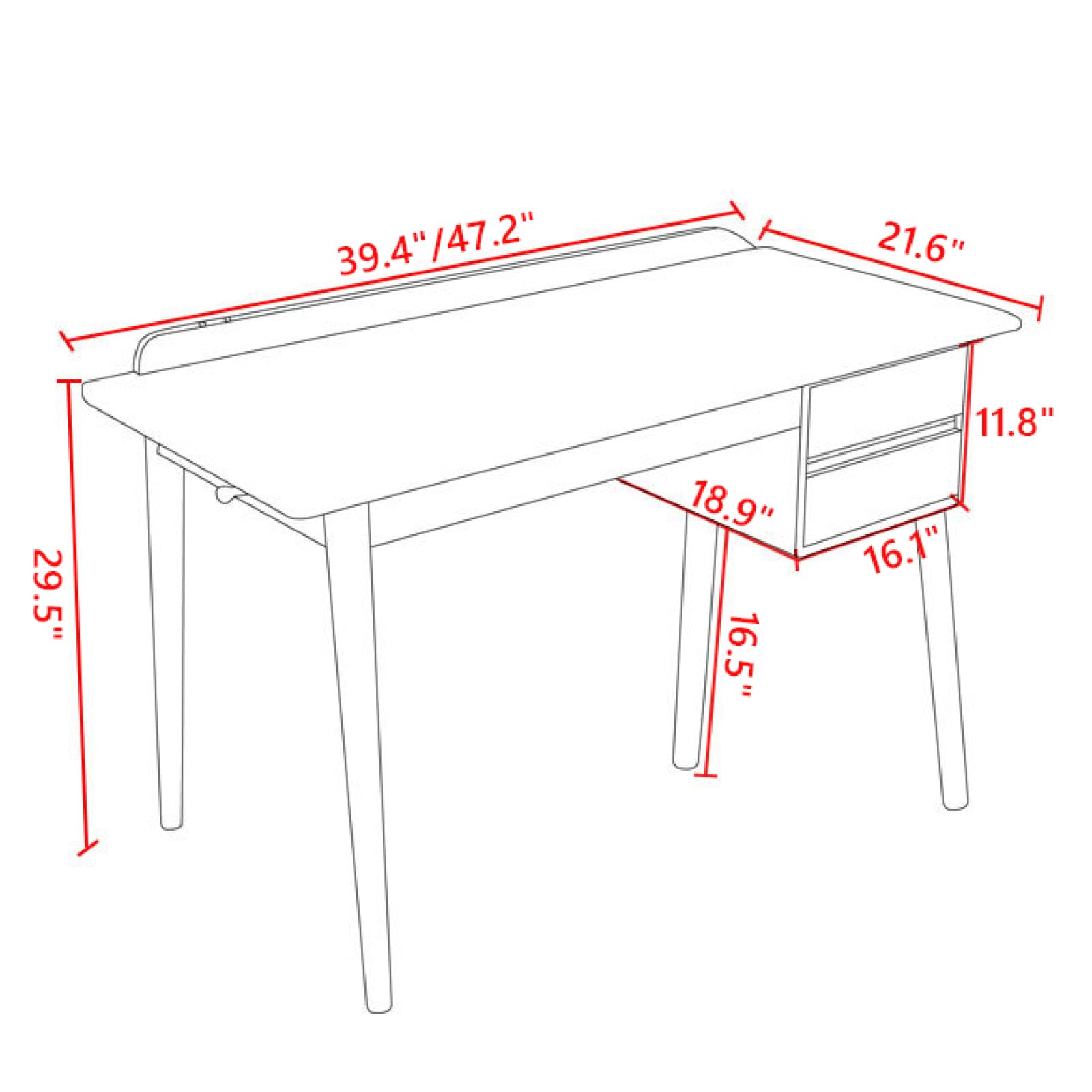 SDdPulse Escritorio, escritorio con 2 cajones, escritorio de madera, sala de estudio, mesa de escritura de oficina en casa, estación de trabajo moderna para dormitorio, sala de estudio, natural, 39