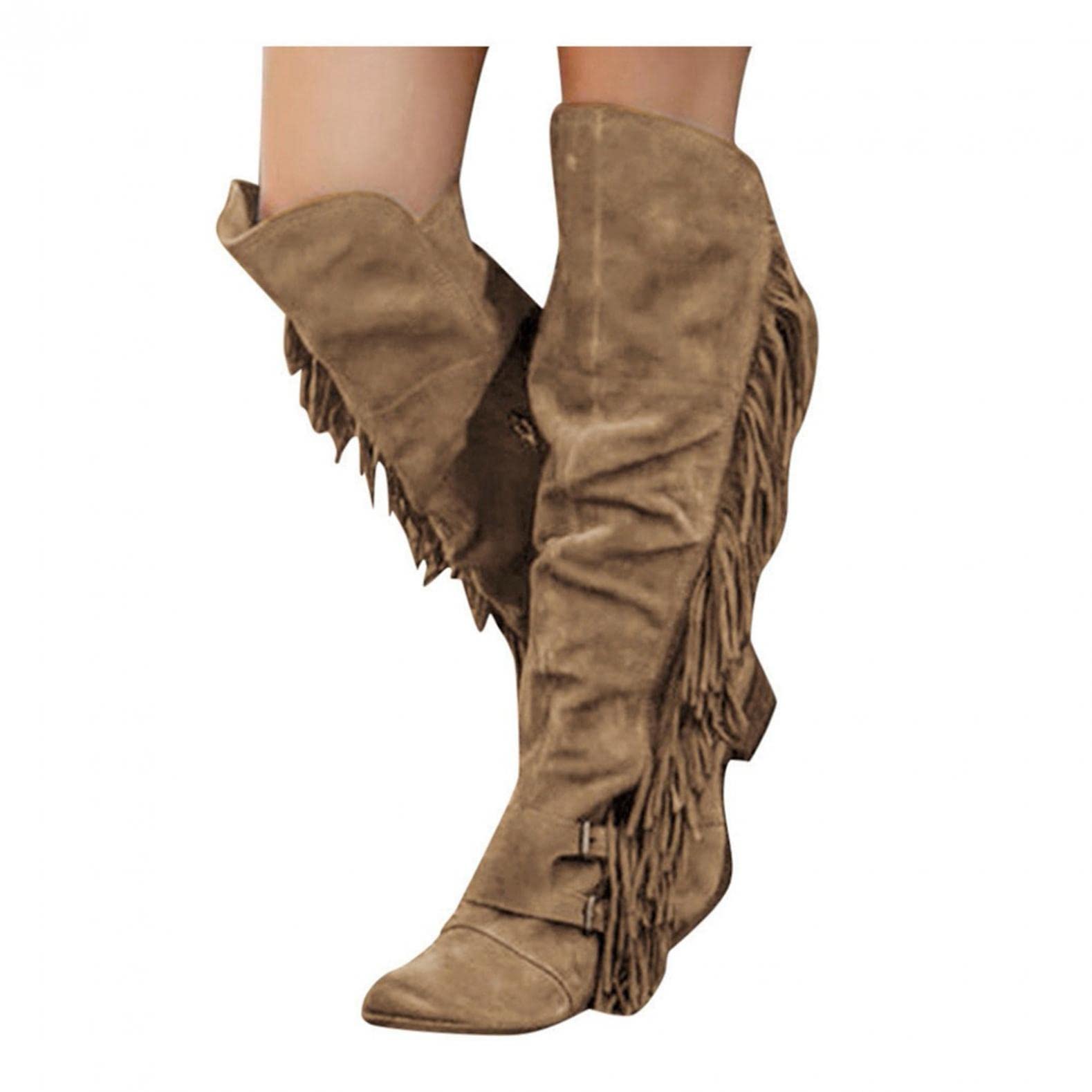 Bcshiye Women's Knee High Boots Casual Over The Knee Retro Tassel Moccasin Square Low Heel Zipper Western Long Booties