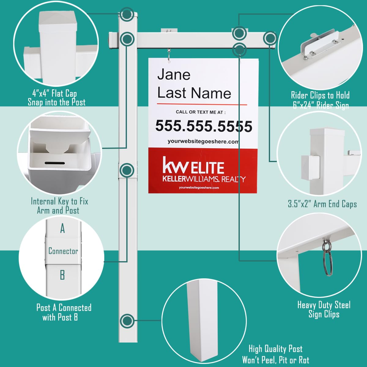 Cartel de vinilo PVC para bienes raíces de 6 pies de alto, poste de letrero de patio de agente inmobiliario con tapa plana para casa abierta y casa para venta (sin letrero) (blanco, 72 x 36