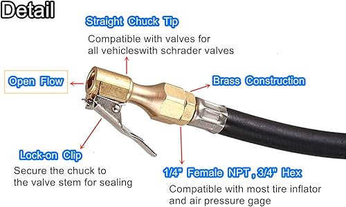 Miniatura 3 de XYWZV Portabrocas de aire de latón resistente con adaptador de clip boquilla de aire recta de flujo abierto portabrocas de neumático FNPT de 14