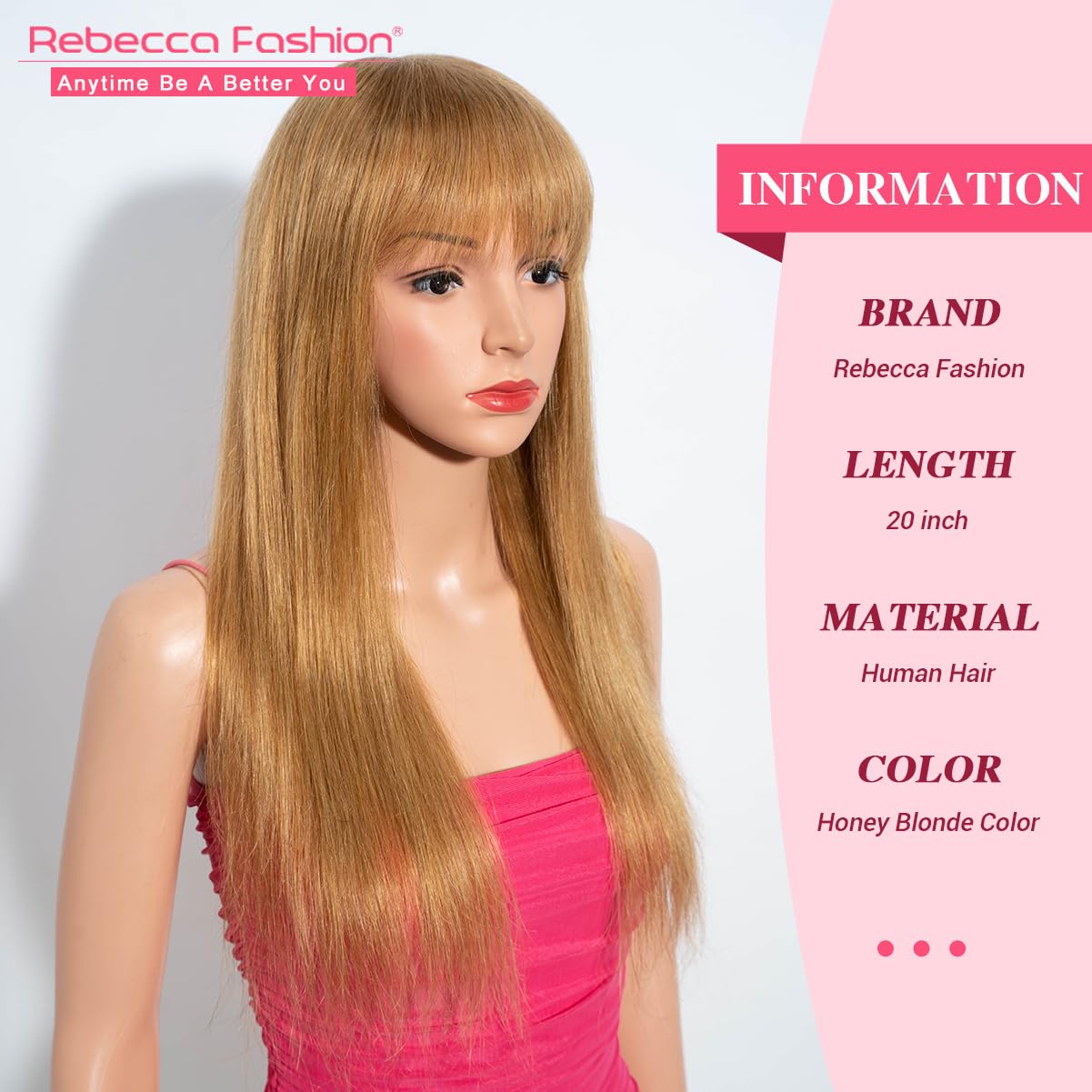 Rebecca Fashion 20 Inch Honey Blonde Straight Wigs with Bangs Human Hair Wigs for Black Women None Lace Front Wigs 10A Brazilian Virgin Hair Glueless Machine Made Wig - Image 2