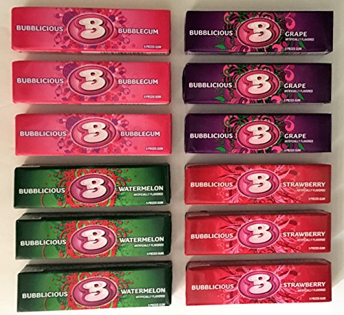 Bubblicious 4 Flavor Assortment Strawberry, Grape, Watermelon & Original Bubblegum - 5 Piece Pack (12 Count - 3 Packs of Each Flavor)