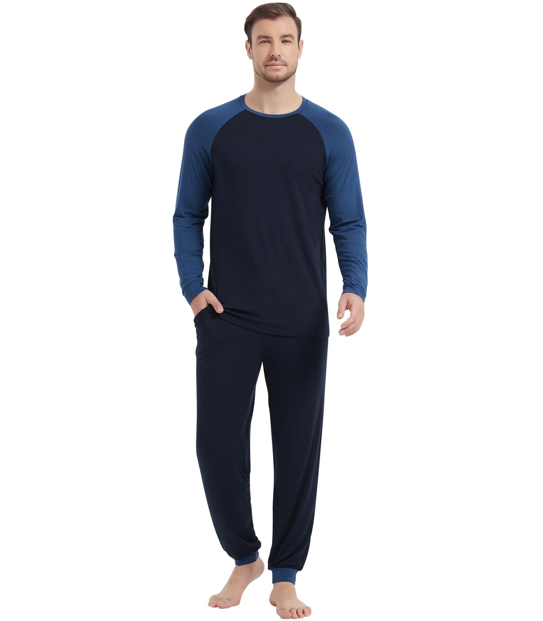 NACHILA Pajamas for Men-Viscose Made from Bamboo, Long Sleeve Pajamas Set Comfy Sleepwear Pants Soft V Neck Pjs with Pockets