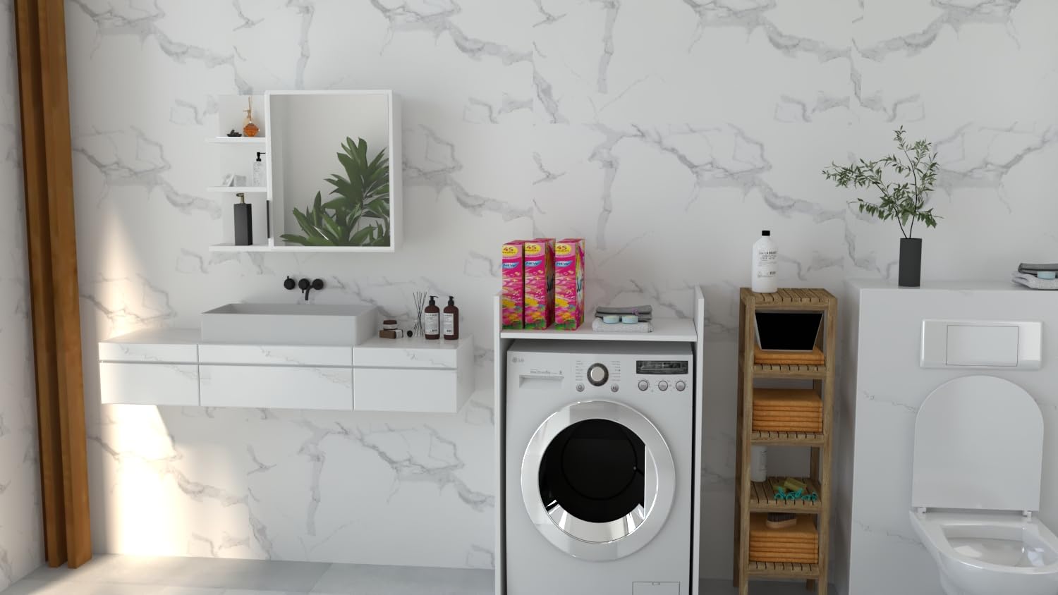GERMAN Cosmo Spiegelschrank, Badezimmerschrank, Hängeschrank 60x50 cm, Weiß, mit 3 offenen Fächern & 2 Innenablagen, moderner Badschrank mit großem Spiegel, hergestellt in der EU