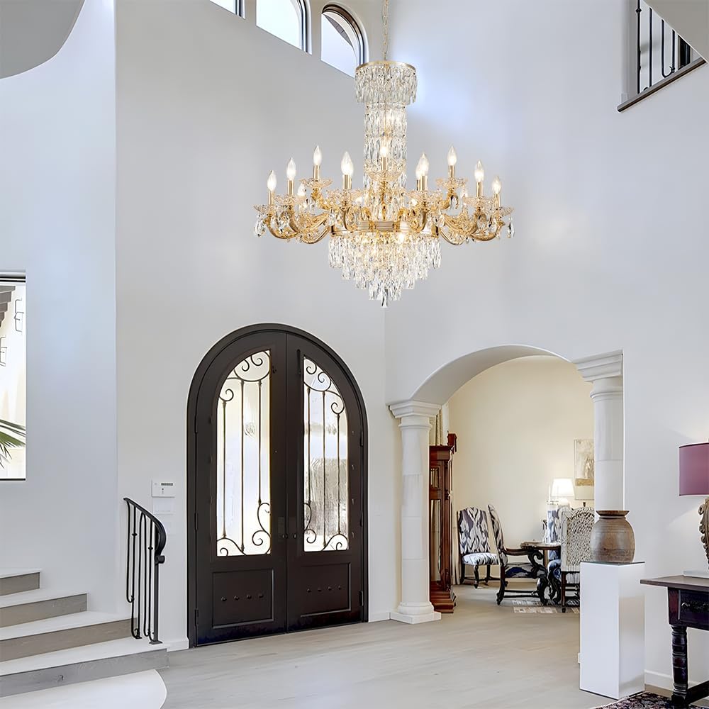 Gold Crystal Contemporary Chandelier Foyer Entryway Lighting, 2-Tier Large Foyer Entrance Chandeliers for High Ceiling Big Crystal Chandelier(Dia 40.2 inch 22 Lights), Gold/22Light