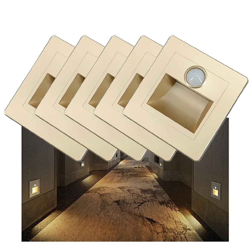 Opaeroo Motion Sensor Stair Lights 3W 3000K Recessed LED Step Light Indoor Stair Step Wall Lamp Staircase Bedroom Decoration 5Pcs Gold