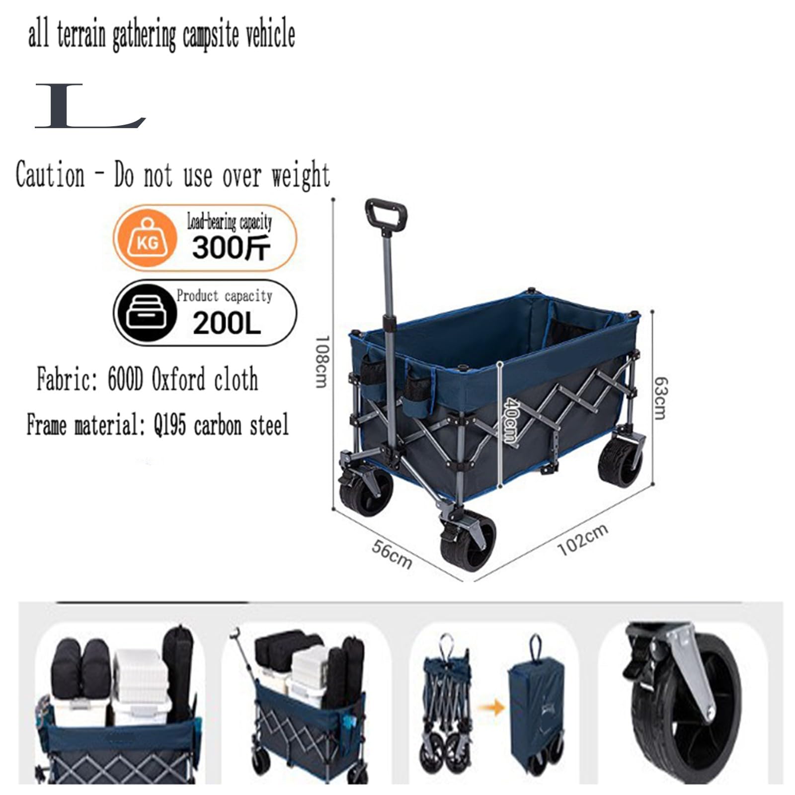 Carrello da Spiaggia Pieghevole Carrello da Giardino Portatutto con Ruote per Ogni Tipo di Terreno Braccioli Regolabili Ruote Rimovibili e Sacchetti per Tazze per Campeggio B