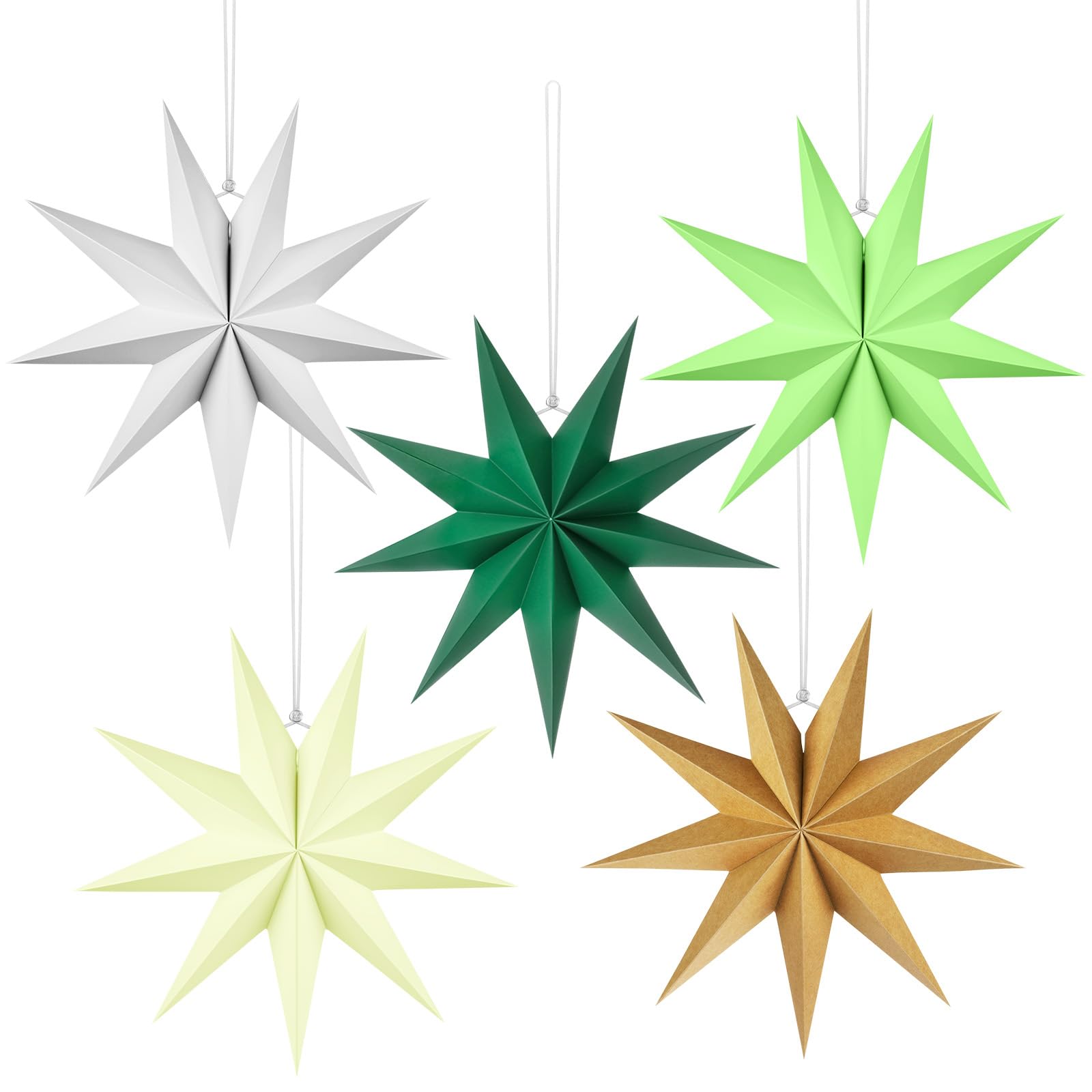 Vicloon 9 Pointed Paper Star Lanterns, 5 PCS 30cm 3D Large Star, Christmas Decorations Hanging Stars, Paper Lantern for Christmas Wedding Birthday Holiday Party Home Decor (3 Colors)