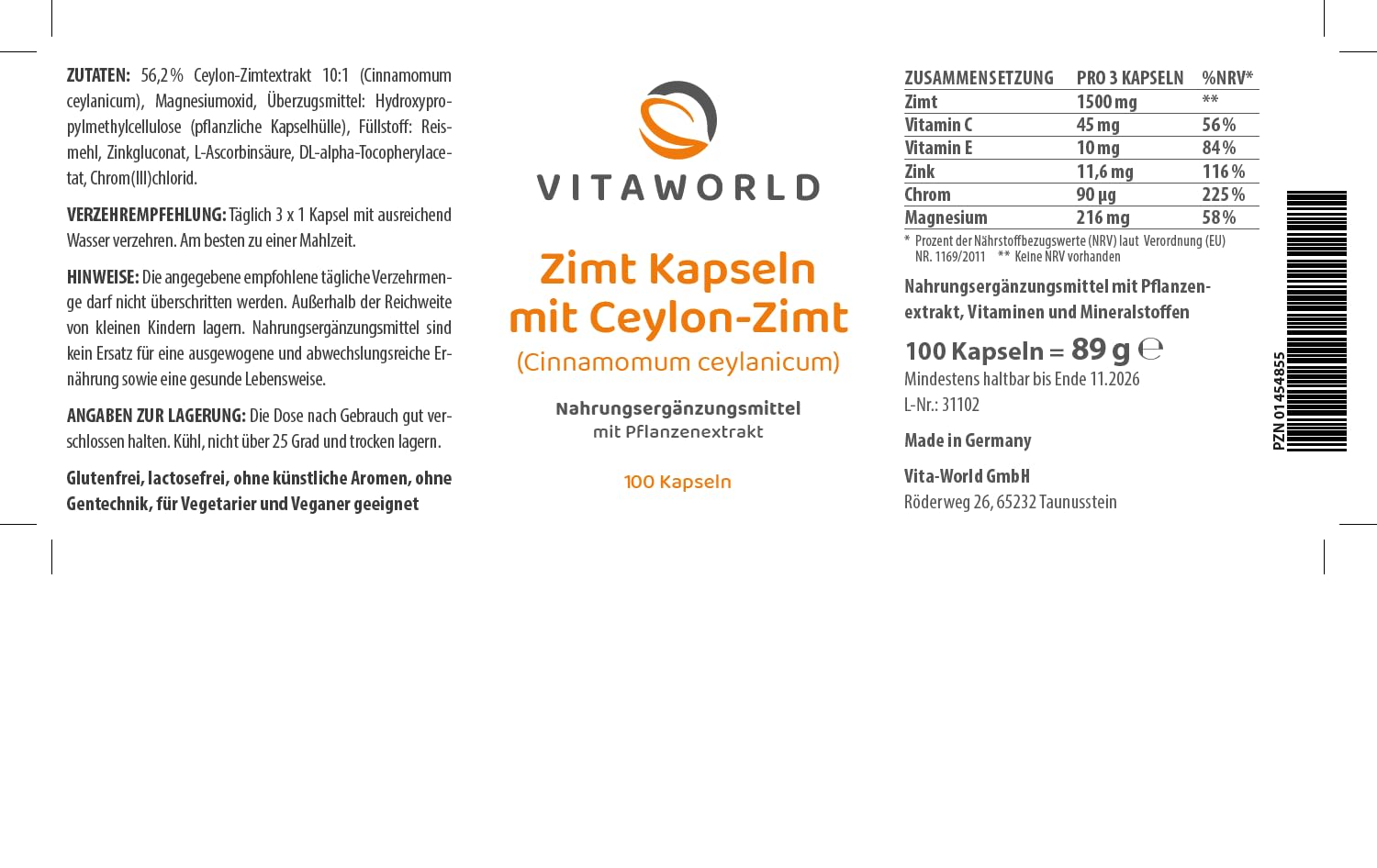 3er Pack Vita World Zimt Kapseln 500mg 3 x 100 Kapseln Apotheken Herstellung Vegan