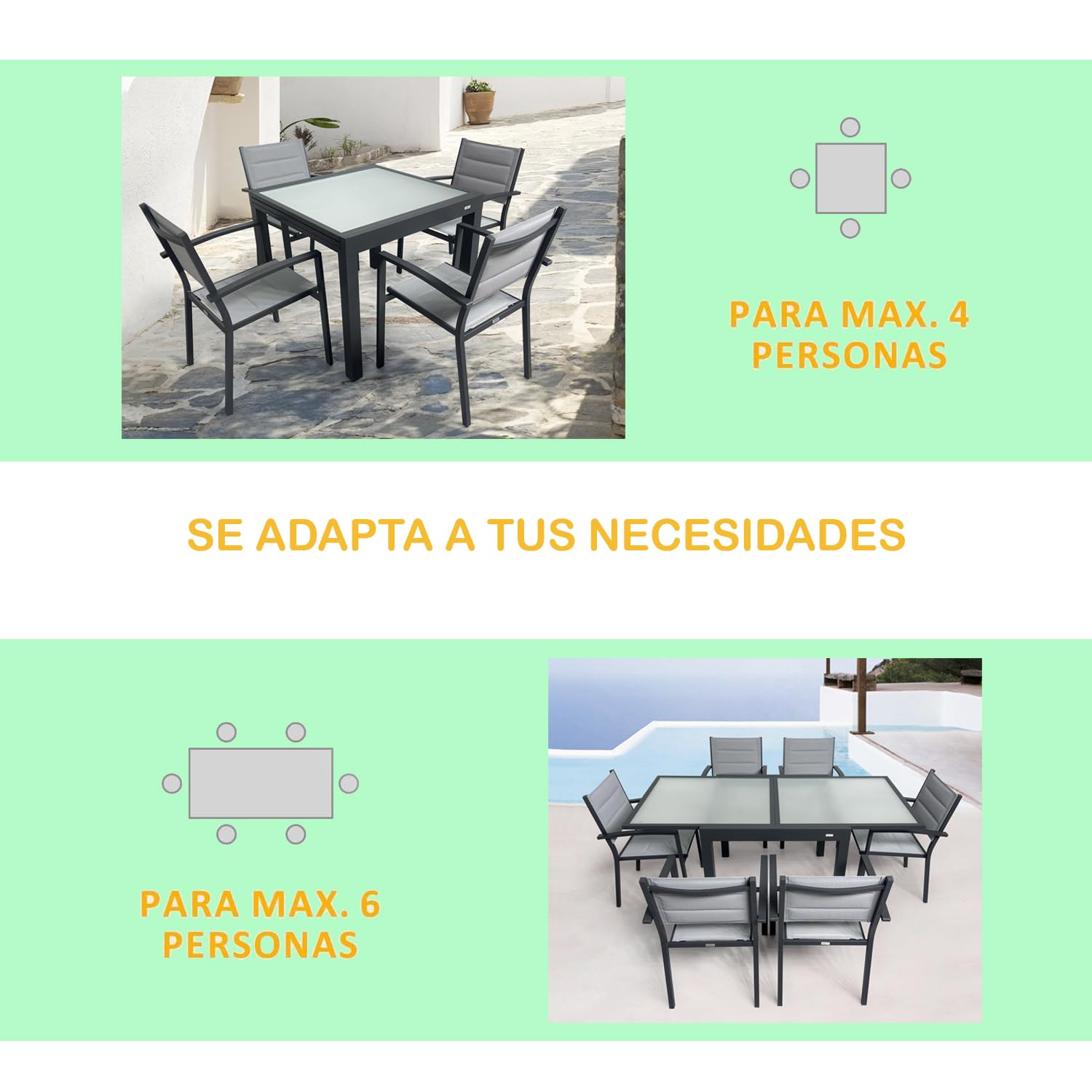MOMMA HOME Mesa Extensible Jardin Aluminio y Cristal Templado Mesa Comedor Cuadrada Extensible de Exterior Al Aire Libre 4-6 Personas Medidas 90/180x90x74H cm (Gray)