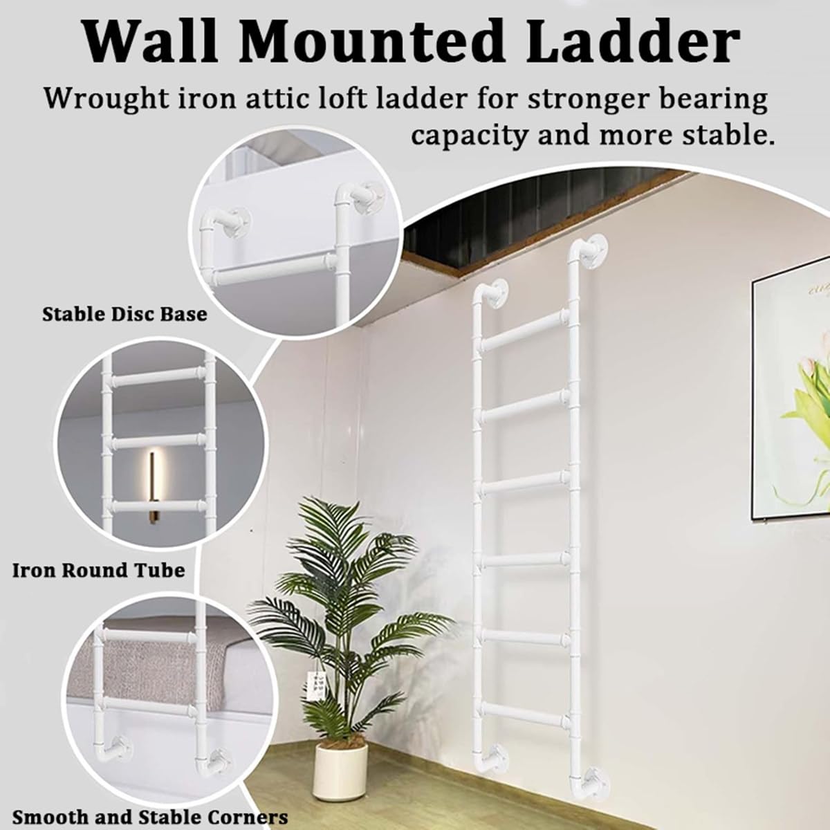 Escalera de Salida de Pared de Hierro Forjado Blanco para ático, litera, Escalera de 150-250 cm para sótano, ático, litera, Autocaravana, terraza, Dormitorio,180cm