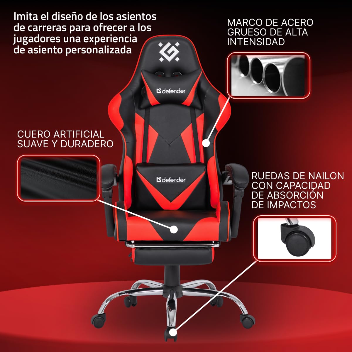 Defender Pilot,Sedia da ufficio ergonomica con poggiapiedi e cuscino lombare regolabile, angolo di inclinazione di 135°, sedia da scrivania regolabile in altezza, in ecopelle, colore: Nero/Rosso
