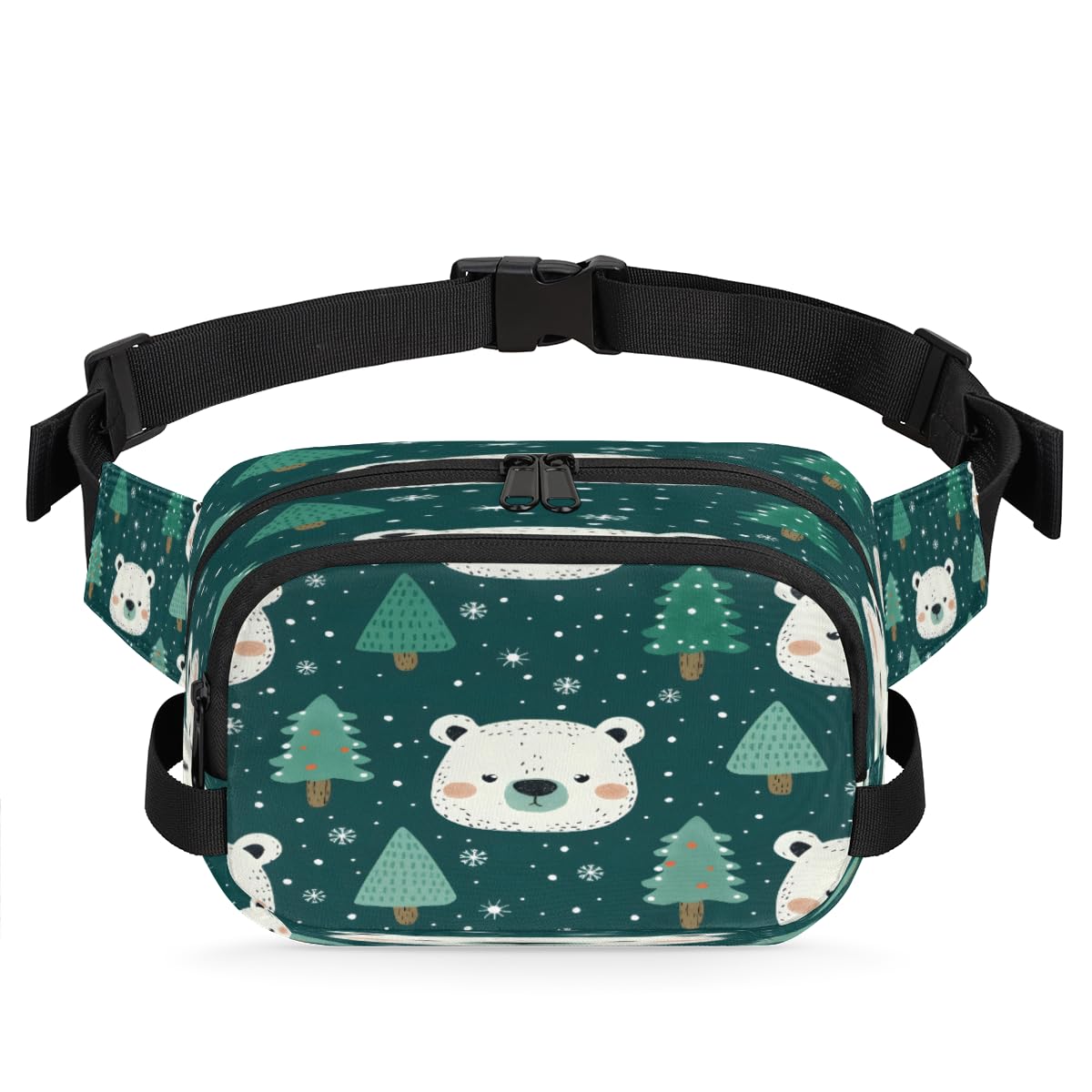 Bears Trees Snowflakes Waterproof Fanny Pack for Women Men Adjustable Waist Bag with Double Zipper Pockets Lightweight Square Hip Pack for Running Travel Hiking Workout Cycling