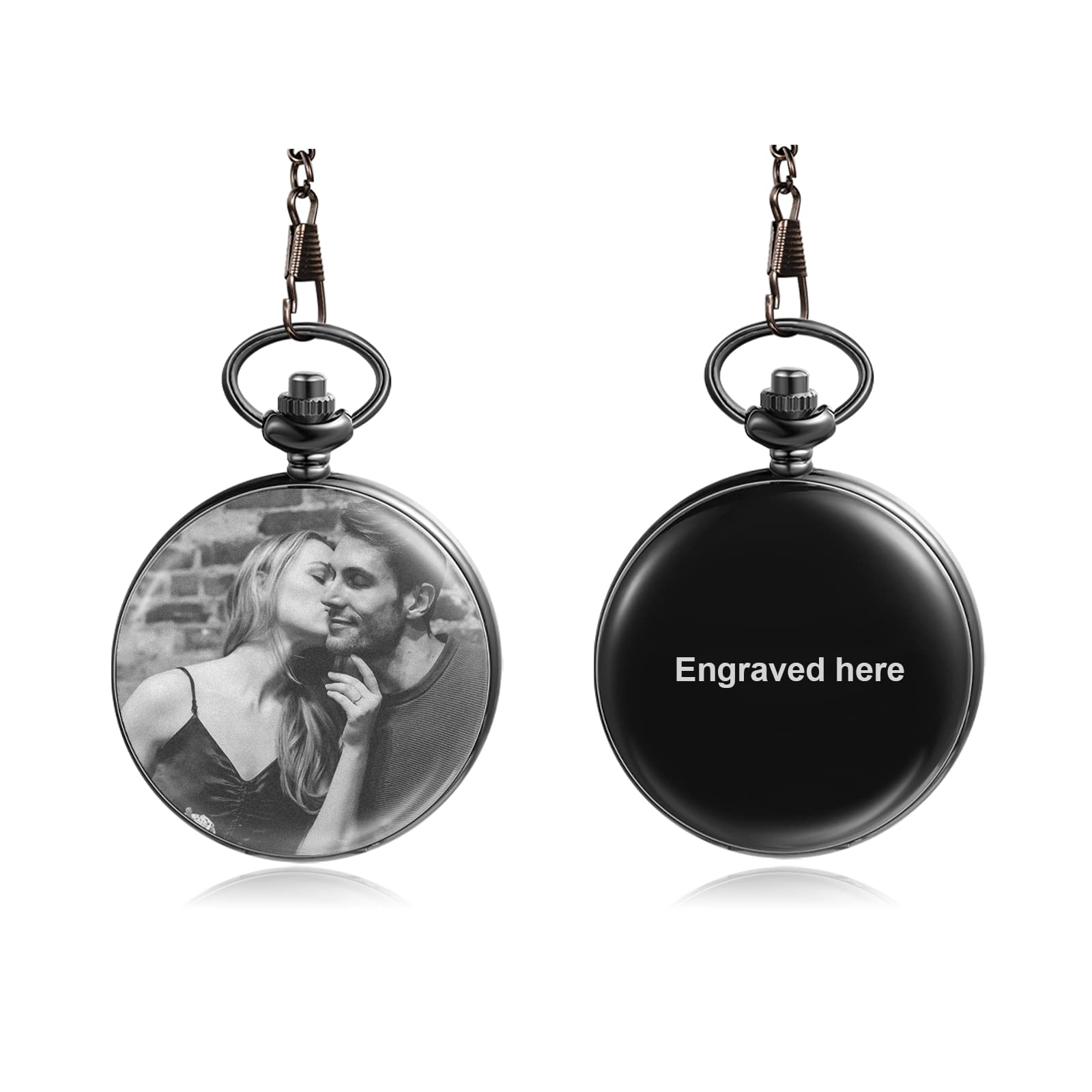 JewelOra Personalized Pocket Watch for Men Women Custom Engraving Name Pocket Watches with Detachable Chain Customized Pocket Watch with Picture Gift for Husband Boyfriend Dad(Black-9)