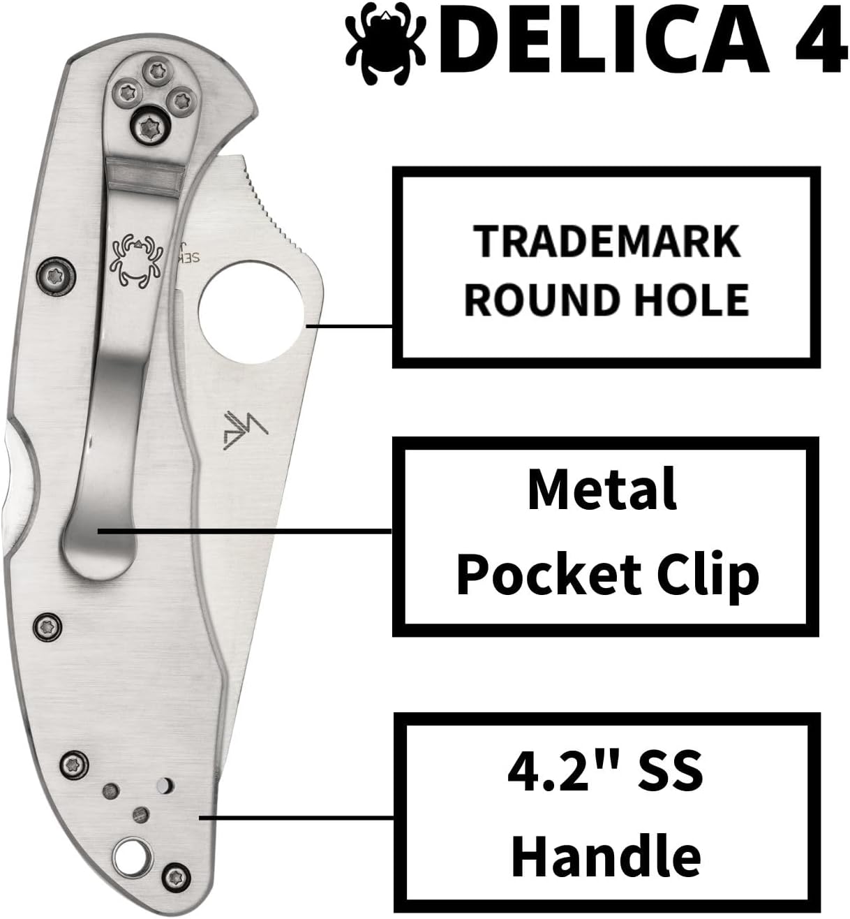 Spyderco Delica 4 Folding Pocket Knife with 2" VG-10 Steel Blade and Stainless Steel Handle - EDC Knife for Men and Women, Perfect for Hunting, Tactical, Camping, Survival - CombinationEdge - C11PS