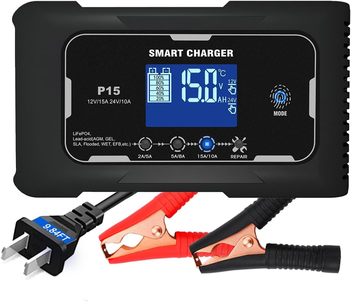Car Battery Charger, 12V/24V 15 Amp Battery Charger for Lead-Acid(AGM/Gel/SLA/EFB) and LiFePO4, Automatic Intelligent 9-Stages Trickle Charger Maintainer with LCD Screen for Car, Motorcycle and More