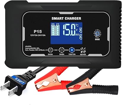 Car Battery Charger, 12V/24V 15 Amp Battery Charger for Lead-AcidAGM/Gel/SLA/EFB and LiFePO4, Automatic Intelligent 9-Stages Trickle Charger Maintainer with LCD Screen for Car, Motorcycle and More