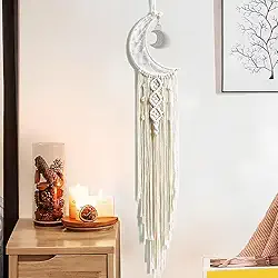 Apanhadores de sonhos, tapeçaria de parede de tecido macramê boho, lua crescente, apanhador de sonhos com borla longa, decoração de parede boho de algodão branco, lua
