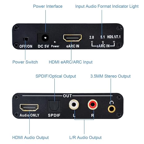 HDMI eARC ARC Audio Extractor 192Khz eARC to RCA Audio Converter Digital to Analog Adapter, R/L, Optical, 3.5mm Audio TV Adapter for DTS Dolby Atoms AC3 LPCM Fiber AY128
