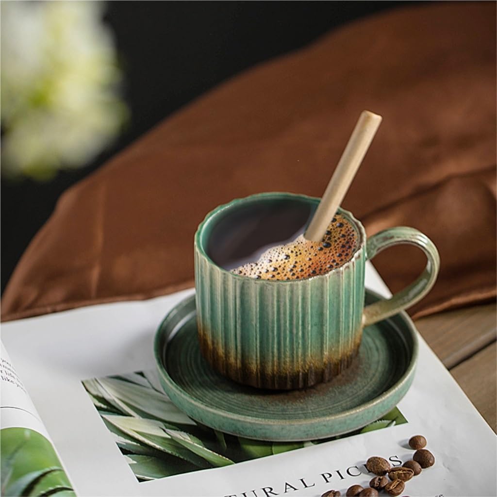 Coffee cup set Ceramic coffee cup and saucer set, retro mug, home restaurant, creative latte art, water cup with spoon(D)