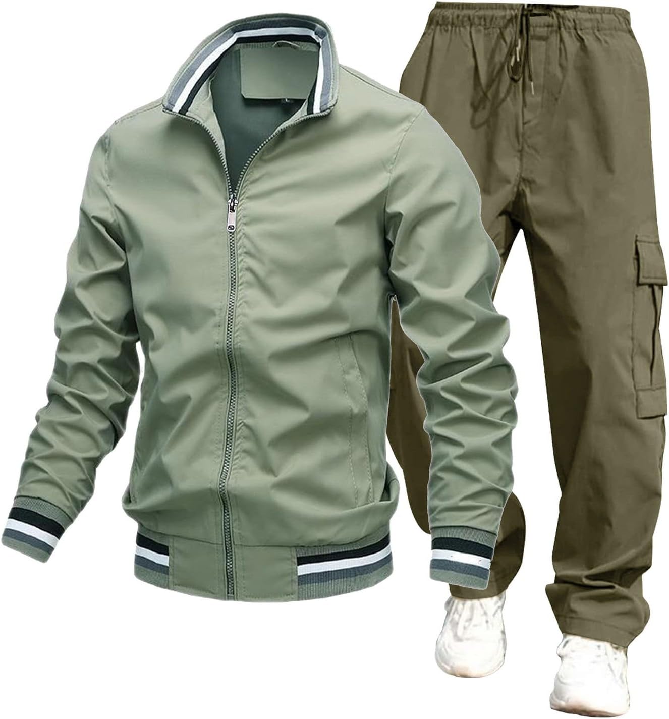 Men’s Wind Cheater 2PC Outfits Sports Leisure Zipper Cardigan Solid Color Long Sleeve Tops with Pockets + Drawstring Pants Spring Waterproof Fashion Lightweight Casual Workout Windbreaker Suit