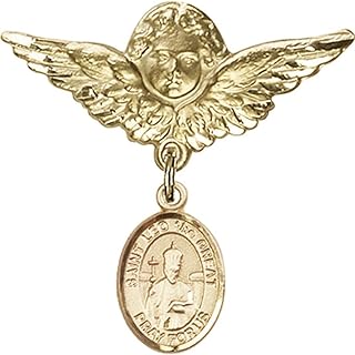 14kt Yellow Gold Baby Badge with St. Leo The Great Charm and Angel w/Wings Badge Pin 1 1/8 X 1 1/8 inches