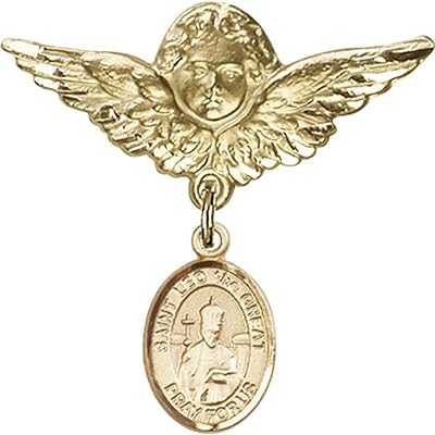 Gold Filled Baby Badge with St. Leo The Great Charm and Angel w/Wings Badge Pin 1 1/8 X 1 1/8 inches