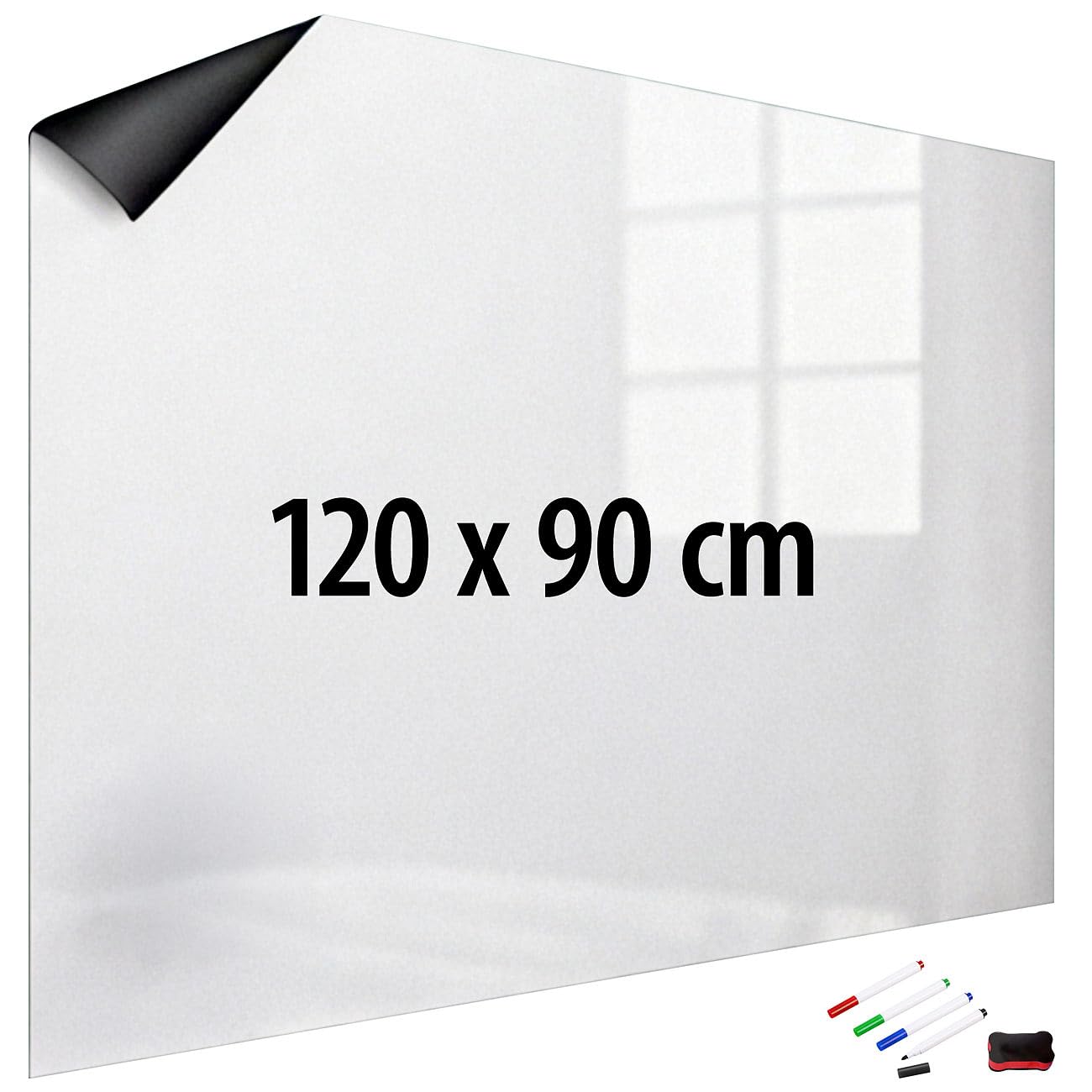 infactory Magnetfolien Kühlschrank: Magnetische Whiteboard-Folie, selbstklebend, 4 Marker, 120 x 90 cm (Whiteboard Folie beschreibbar, Pinboard, Stifte)