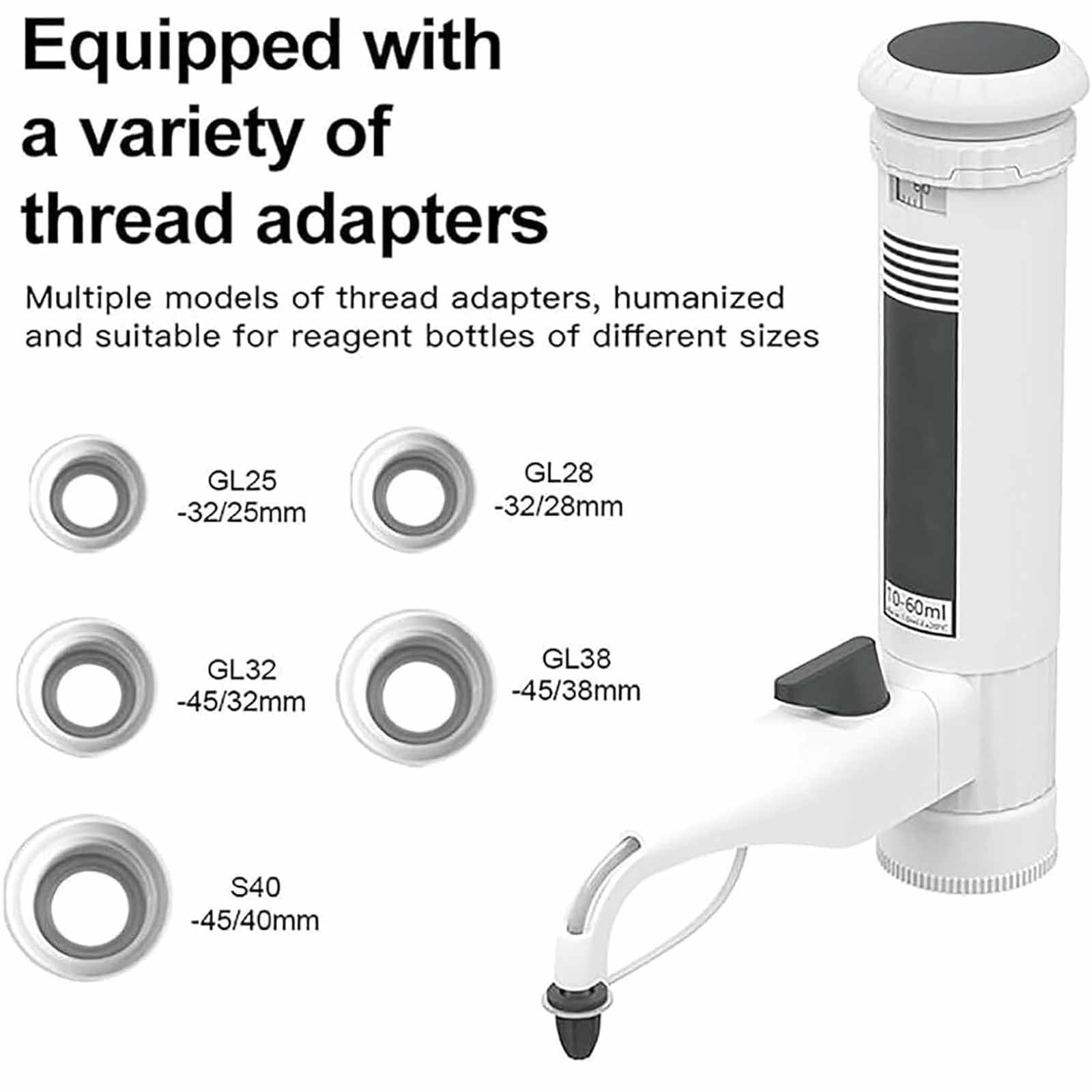 Dispensador de pipetas ajustable para botella de laboratorio, 10-60 ml con 5 adaptadores y ventana digital, botón de escala y válvulas dobles