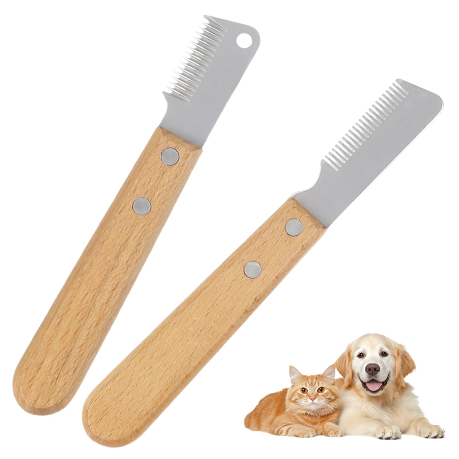 2 Piezas Cuchillo Pelador para Perros, Herramienta de Stripping con Mango de Madera Ergonómico, Deslanador para Aseo de Mascotas y Acabado de Pelaje