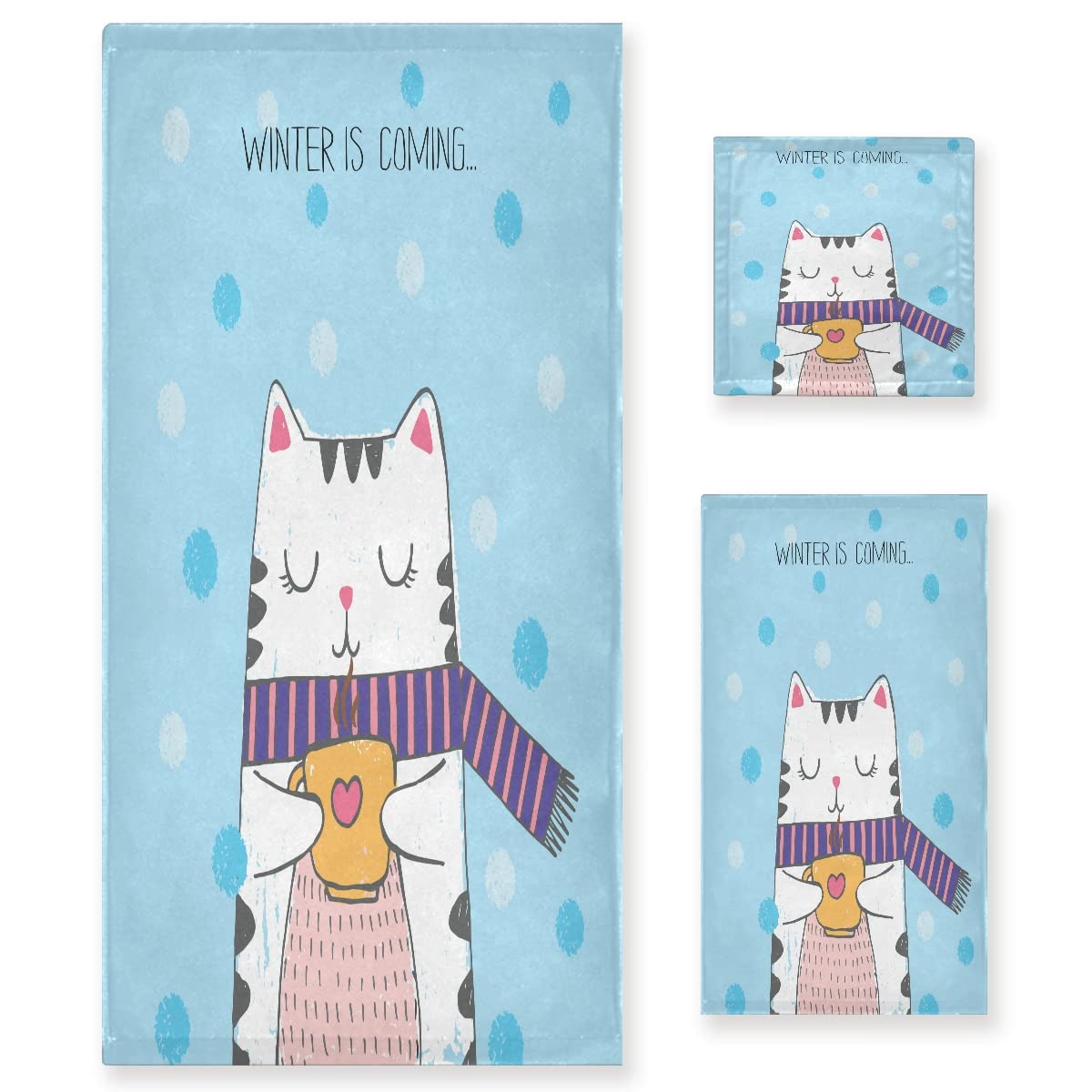 Corazón Azul Gato Lindo Animal Juego de Toallas para Baño Playa 100% Algodón de Piscina Toalla (1 Toalla de Baño y 1 Toalla de Mano y 1 Paño de Lavado) para Nadar Hotel Niñas Niños Niños