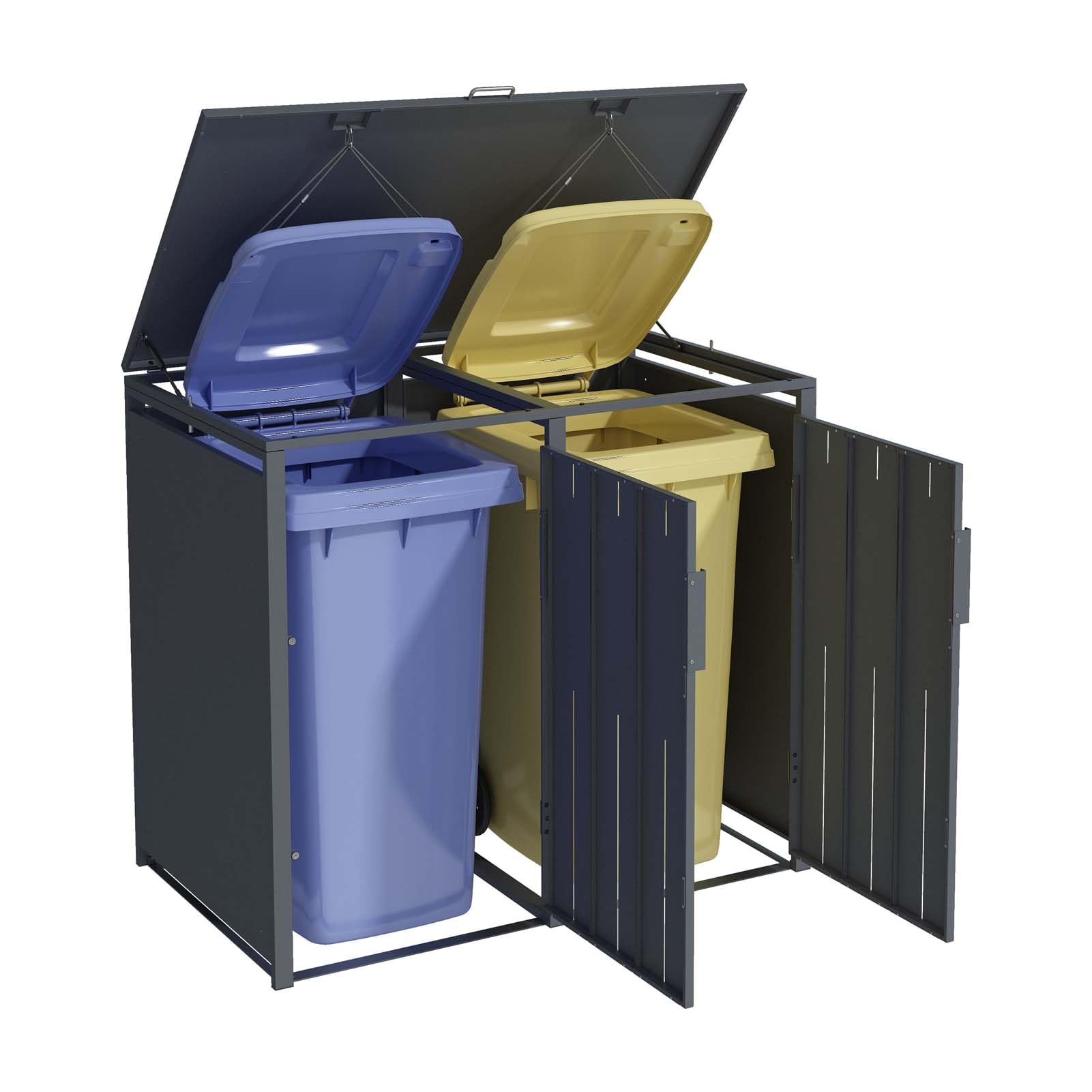 SCHARTEC® SMBS4-2 Lot de 2 boîtes à poubelles anthracite avec design en bois foncé, 1 couvercle, 2 tonnes, utilisation à une main, 240 l, protection contre les regards indiscrets