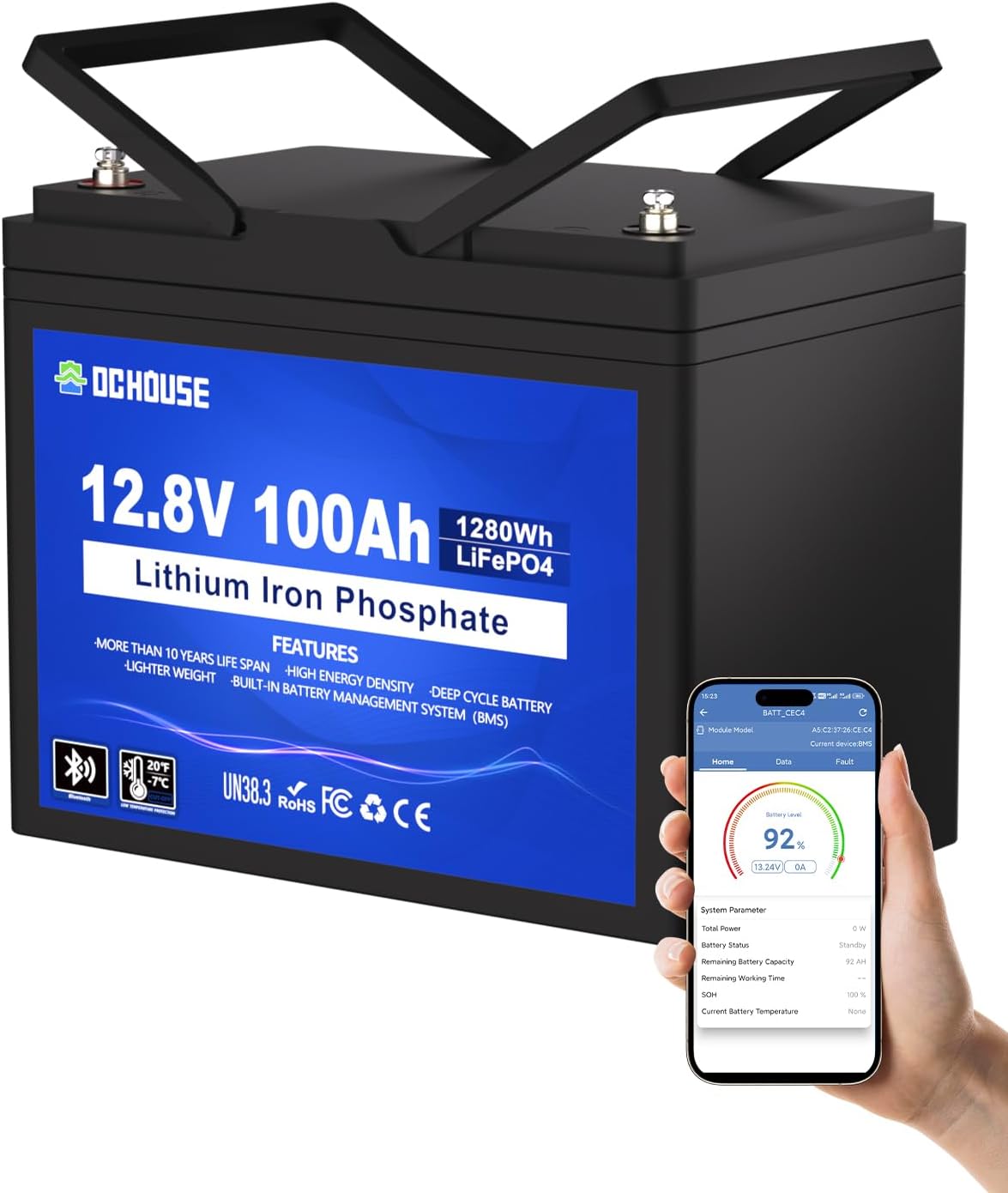 DCHOUSE 12V 100Ah Group 31 Bluetooth LiFePO4 Battery, Built-in 100A BMS with Low-Temp Protection, Deep Cycle Lithium Battery, 5000+ Cycles, Perfect for RV, Solar System, Trolling Motors etc.